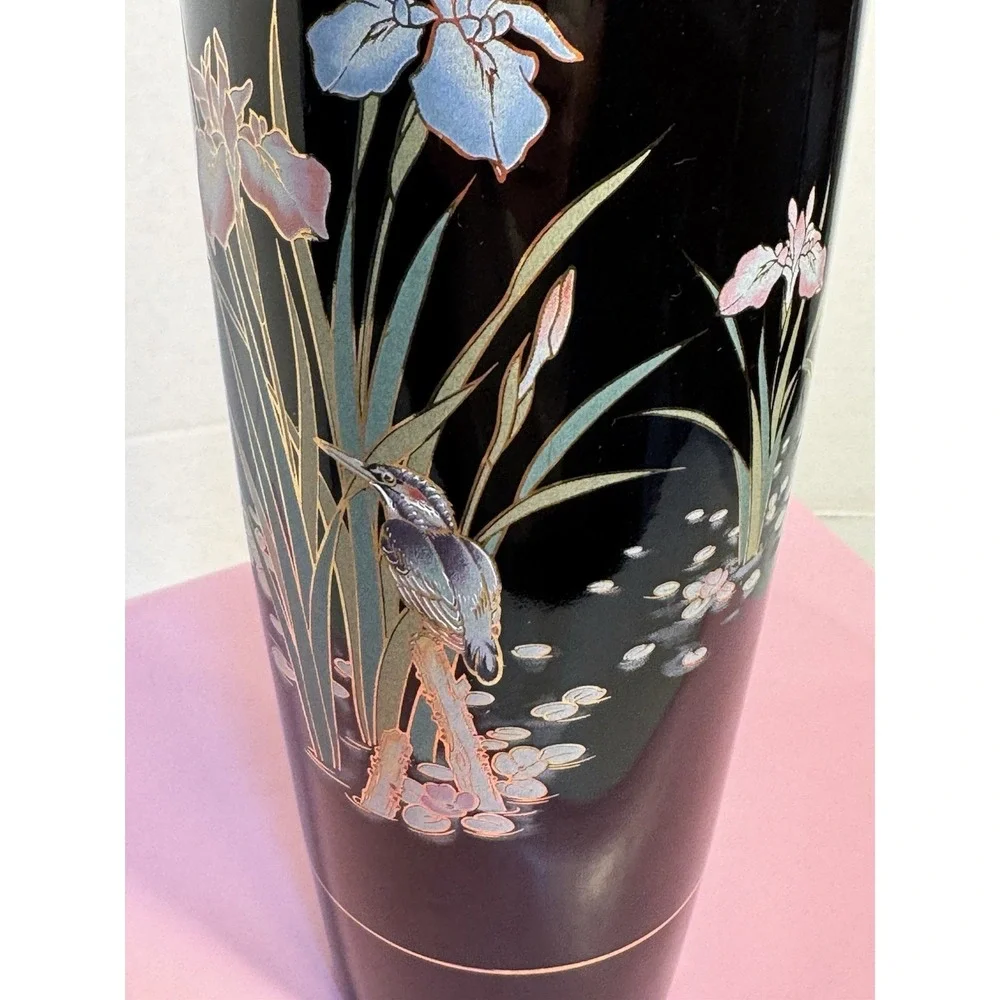 VTG Japanese  Vase Iris and Kingfisher Motif.  Black‎ Enamel Fast Shipping